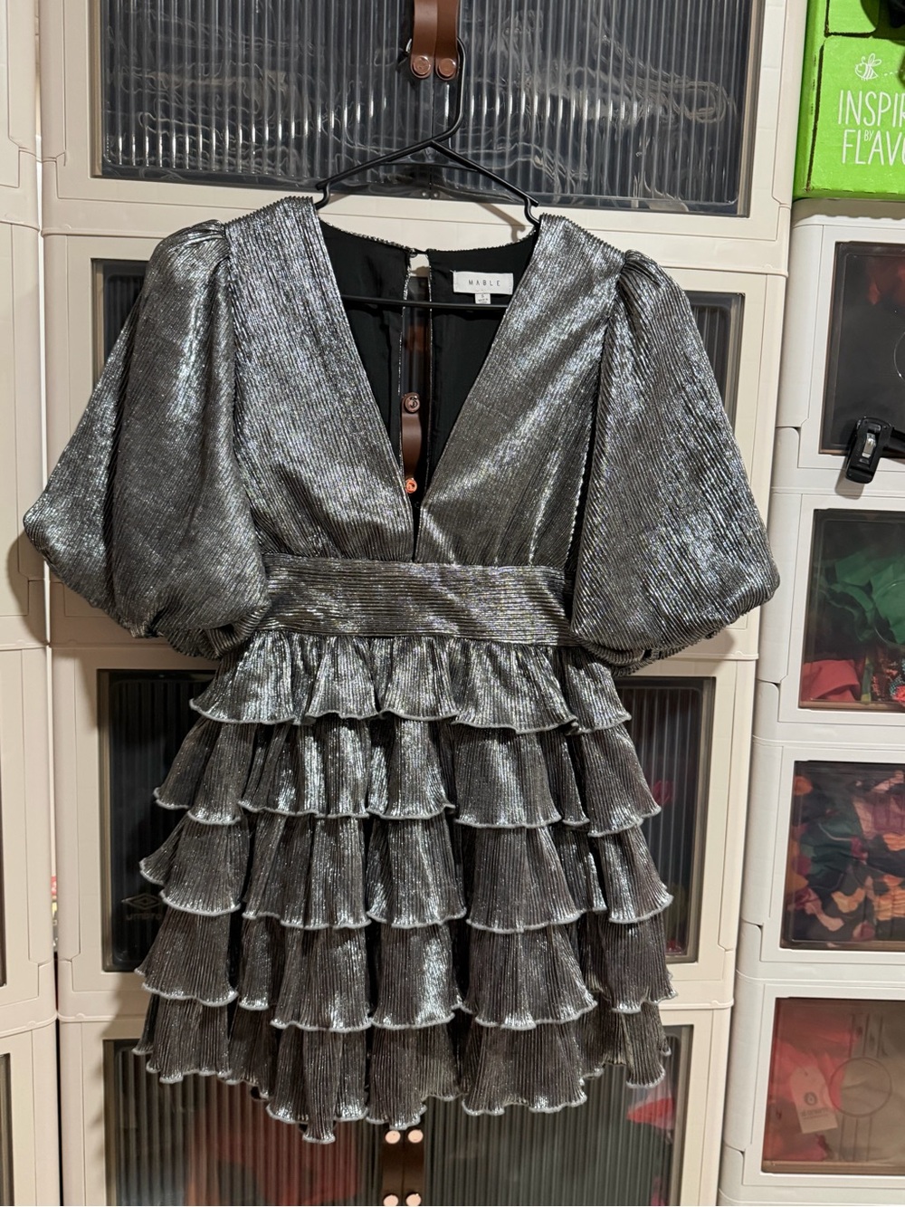 Metallic Silver Ruffle Party Dress - Picture 6 of 8